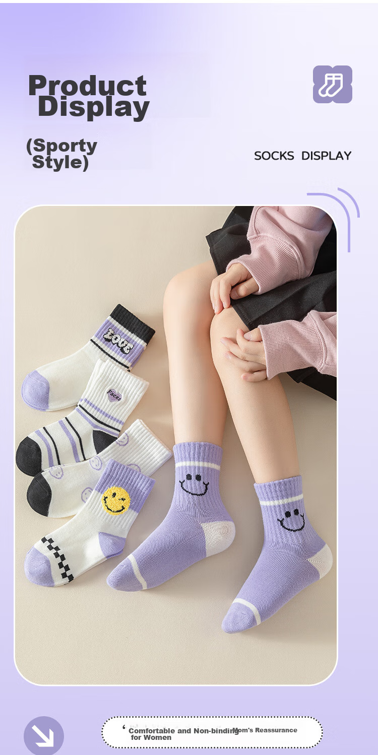 MiiOW Children's Socks, Girls' Mid-Calf Cotton Socks, High-Elasticity Student Socks, Breathable Socks for Older Children, 5 Pairs, Purple Smiley Face, Size L 10