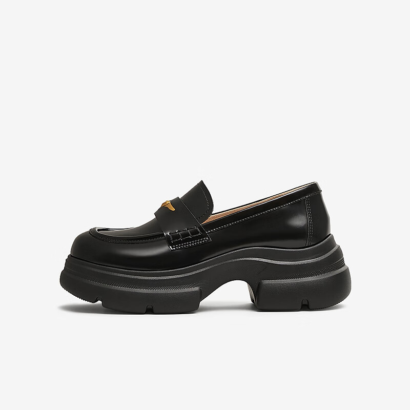 TATA Magic Detective British Thick-Soled Loafers Women's Shoes, Small Leather Shoes, Flats, Black, Size 35
