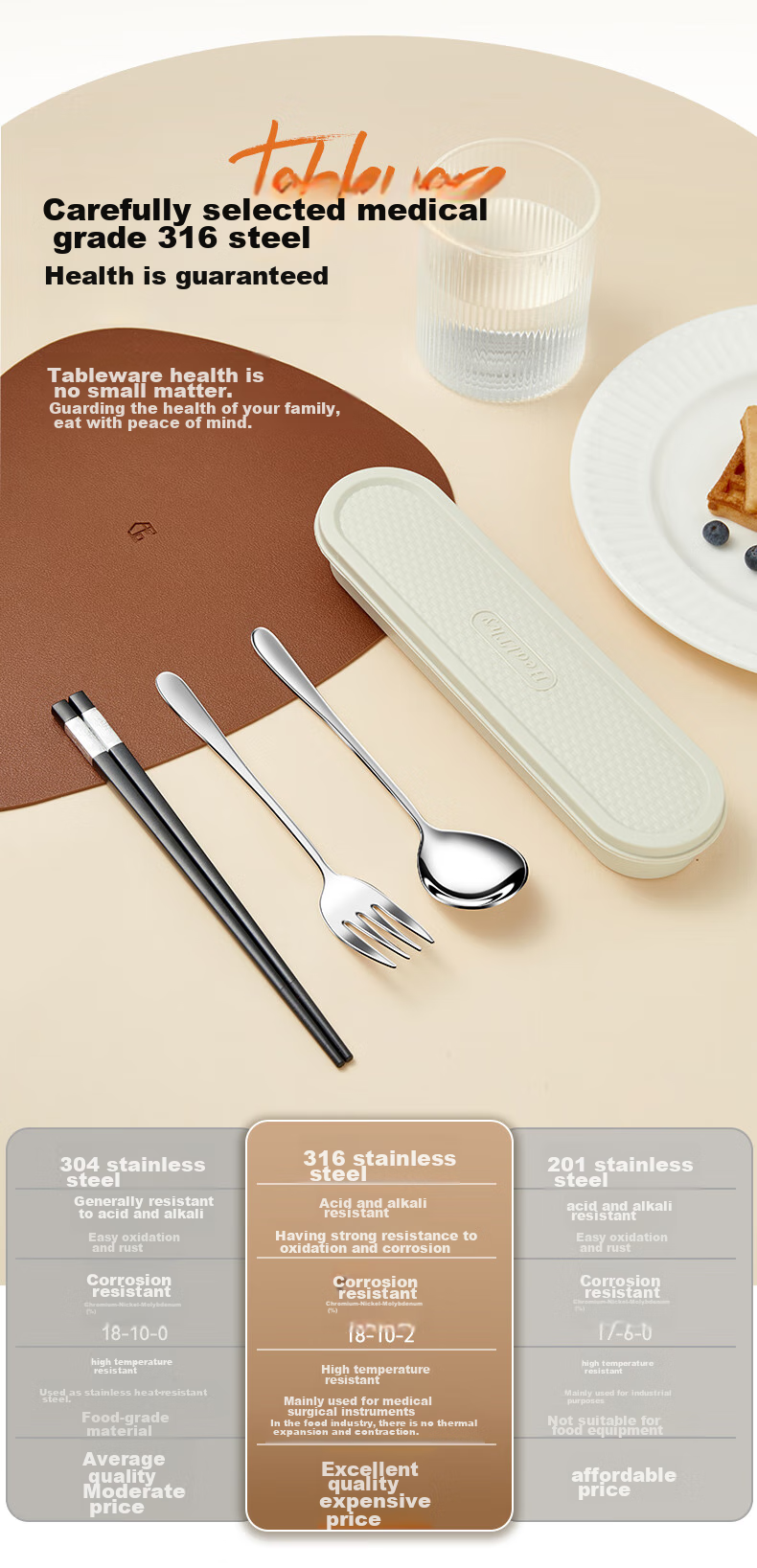 WORTHBUY 316 Stainless Steel Portable Cutlery Set Chopsticks Spoon Student Tableware Single-Person Chopsticks Spoon Storage Box Coffee Color 3