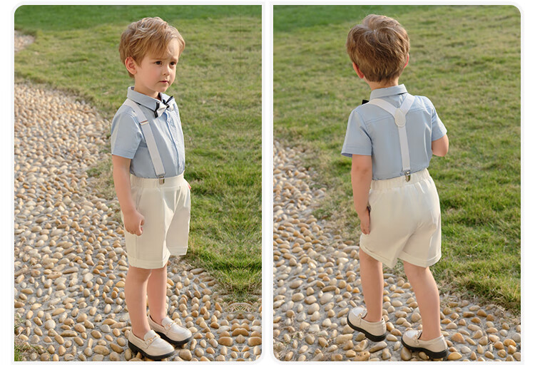 LUOBOBEIBEI Children's Summer Short-Sleeve Shirt And Suspender Shorts Set, Boys' Performance Formal Wear, White Four-Piece Set, Size 140 5
