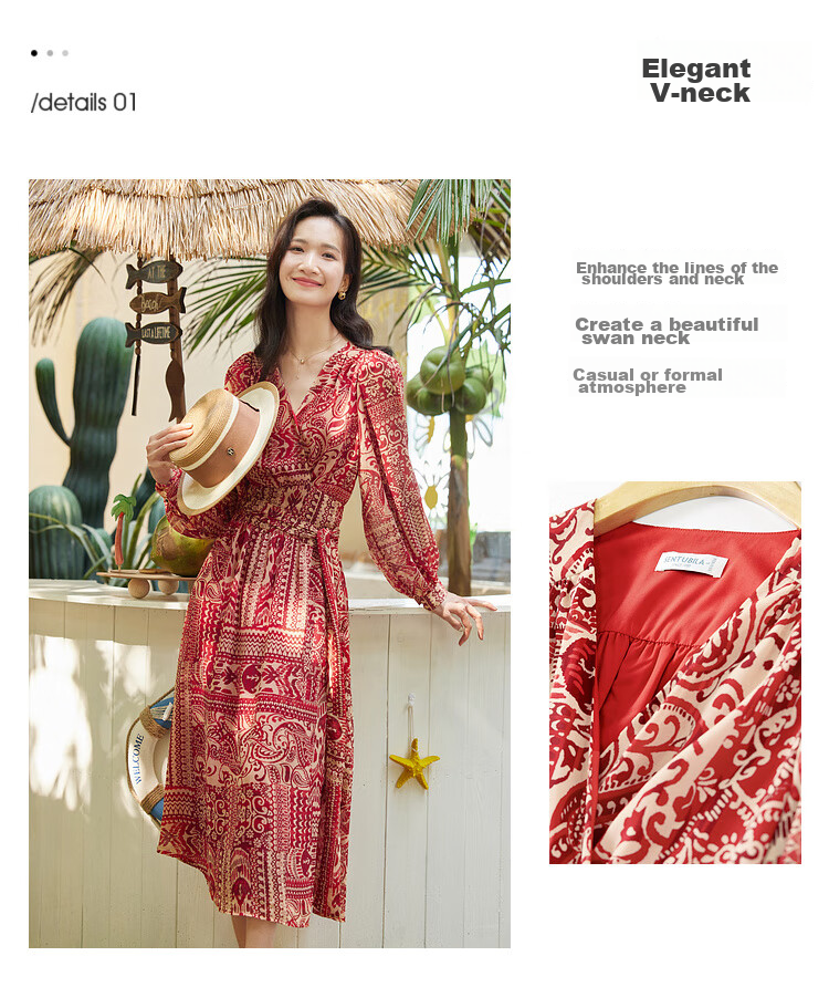 Sentubila Spring And Autumn Mid-Length Floral Print Red Dress, Elegant Goddess Style Slimming Vacation Dress, Red Floral Pattern, Size S 5