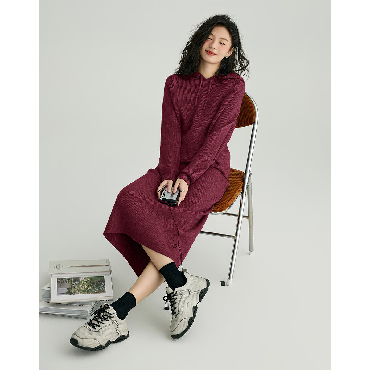 DME Relaxed Knit Set Spring Autumn Hoodie Knit Top + Elastic Knit Skirt Two-Piece Set