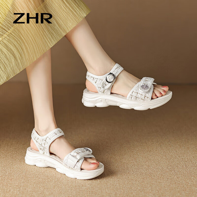 ZHR Women's Sandals, Summer Sports Casual Beach Shoes, Chanel-Style Fashionable Women's Shoes, ES02 Beige (Sandals), Size 37