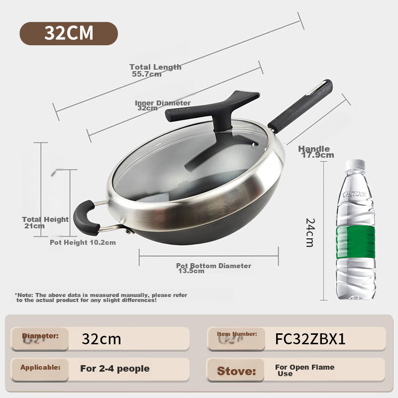 SUPOR Cast Iron Wok 32cm, Non-Coated Flat Bottom Frying Pan, Scratch-Resistant, Wear-Resistant, Compatible with Induction Cooker And Open Flame