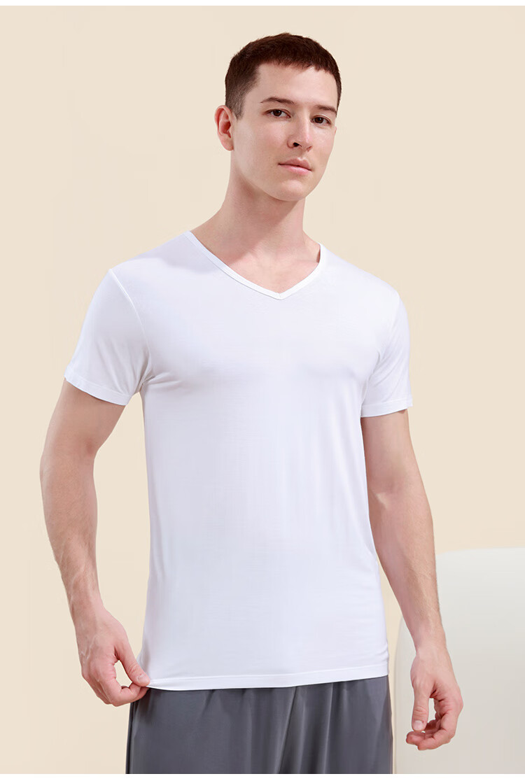 CHERISH LIFE Men's T-Shirt Undershirt, Modal Short-Sleeve V-Neck Undershirt, Elastic Slim Fit 15
