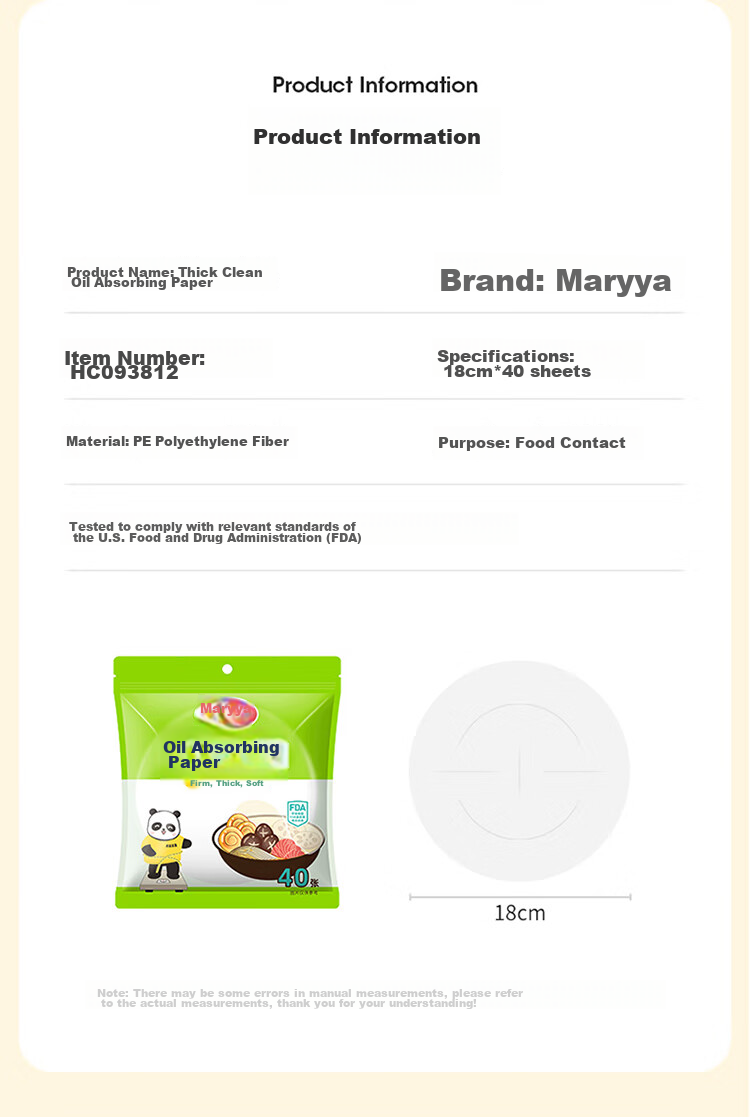 MARYYA Food-Grade Oil Absorbent Paper, 40 Sheets, Enhanced Oil Absorption, Kitchen Soup Strainer And Grease Filter Paper 3