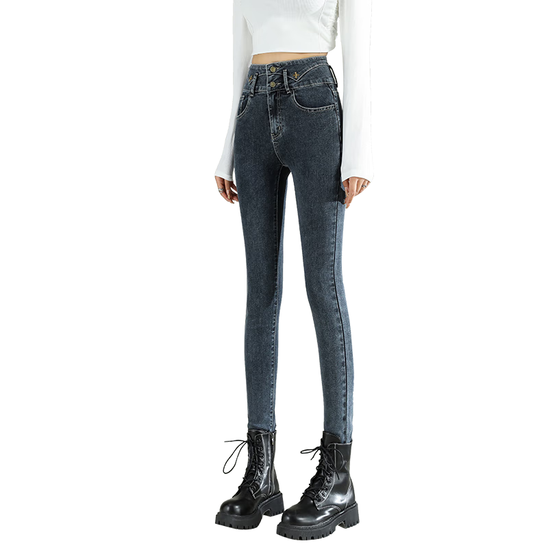 JEANSWEST Women's Jeans 2025 Winter High Waist Slim Fit Fleece Lined Black Skinny Pencil Pants Size 29