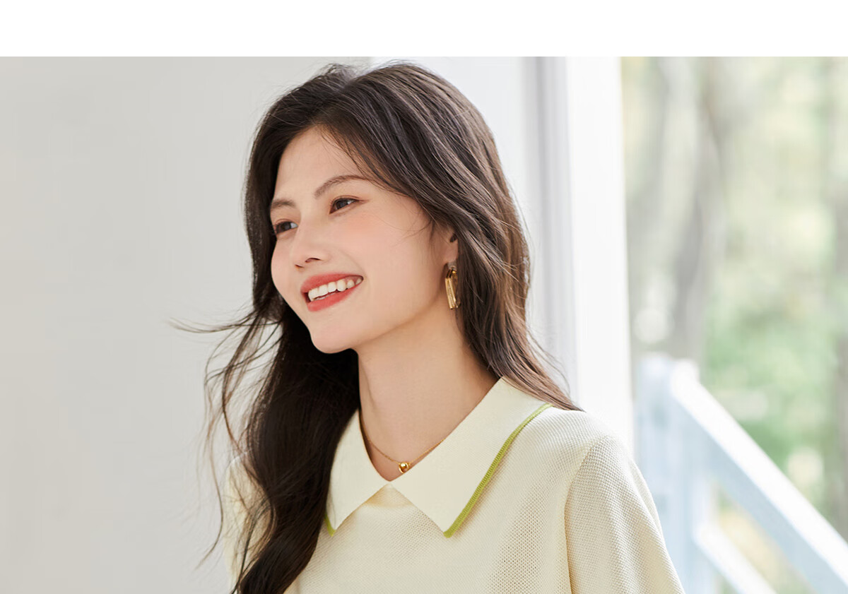 Taxiang Women's Short-Sleeve T-Shirt, Doll Collar Thin Knit Top, Summer Women's T-Shirt, Contrasting Color Top, T144T1629 14