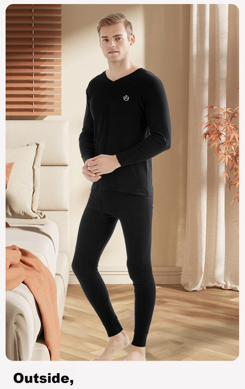 SEPTWOLVES [Antibacterial] Men's Autumn And Winter Thermal Underwear Set, Pure Cotton V-Neck Long Johns And Pants 12