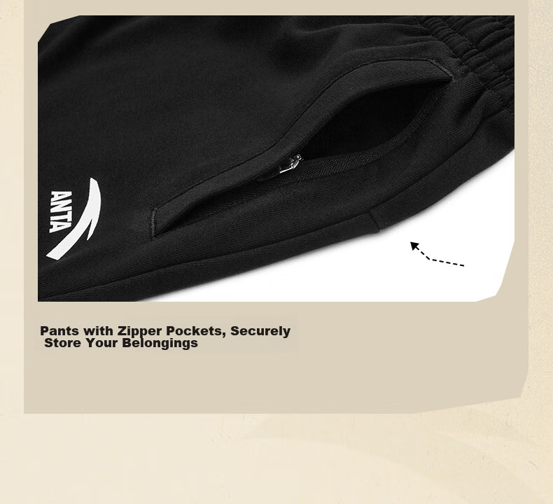 Anta Men's Fleece-Lined Sports Set Spring Windproof Stand Collar Zip-Up Jacket and Pants Sportswear Casual Pants 9