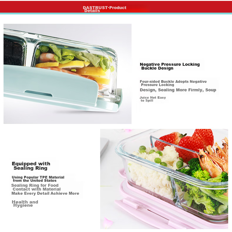 Chuangde Heat-Resistant Glass Food Storage Container, Microwave-Safe Lunch Box for Office Workers, Three-Compartment 1020+700ml with Bag 18