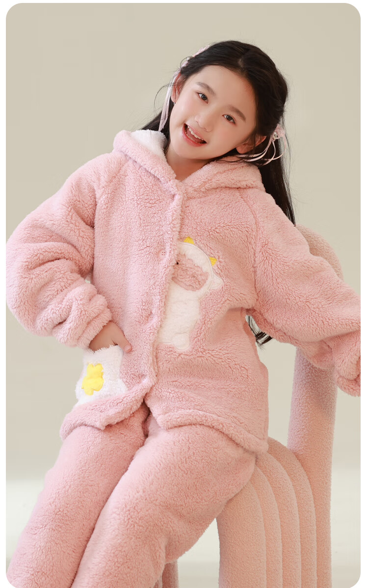 MiiOW Coral Fleece Children's Pajamas, Girls' Set, Thick Flannel Pink Hooded Loungewear, New Style 2024, 130cm 5