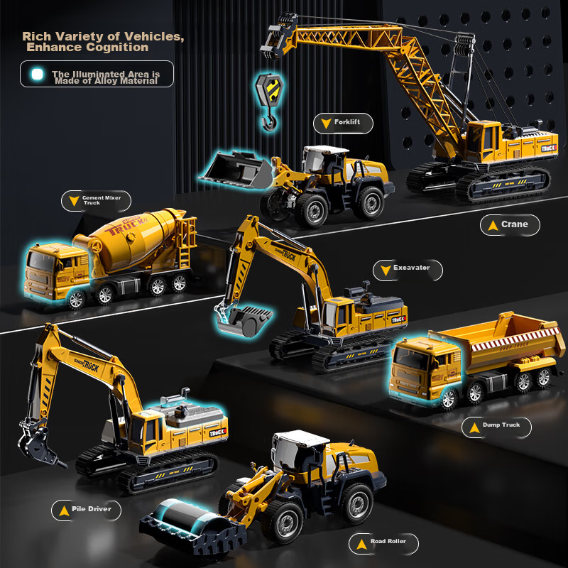 Kakabeier Children's Alloy Construction Vehicle Toy Car, Boys' Excavator, Pushing And Digging Machine, Mixing Crane, Birthday Gift Box, 7 Pieces