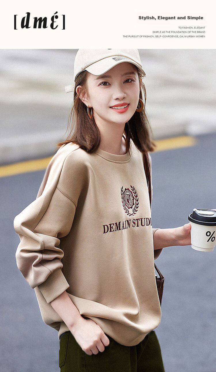 Dme Autumn And Winter New Commuter Round Neck Elastic Textured Letter Air Layer Sweatshirt Women's Top, Gray with Fleece Lining, Size S 1