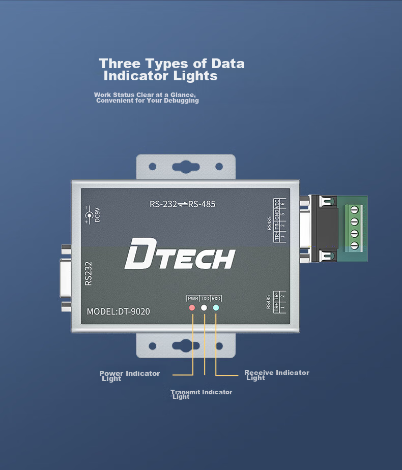 DTECH RS232 to RS485 Active Converter, Bidirectional Conversion Transmission, Industrial Grade 9-Pin Serial Communication Protocol, Lightning And Surge Protection Converter, DT-9020 10