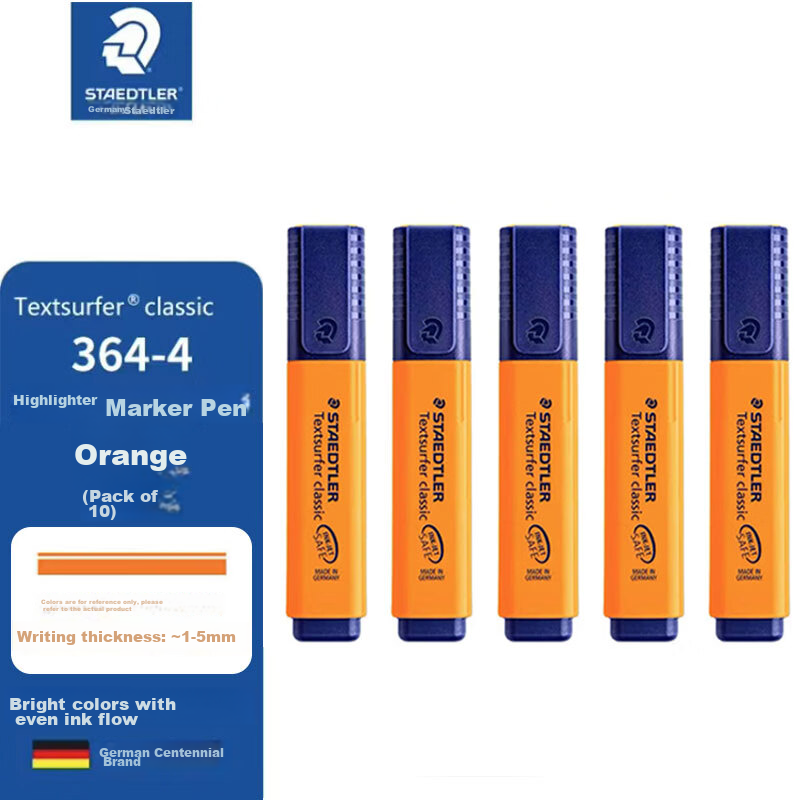 STAEDTLER Fluorescent Markers, 1+5mm, for Student Exams And Highlighting, Office Marking Pens, Children's Handwritten Reports, Drawing, Journaling, School Supplies, Orange, 10 Pieces, 364-4
