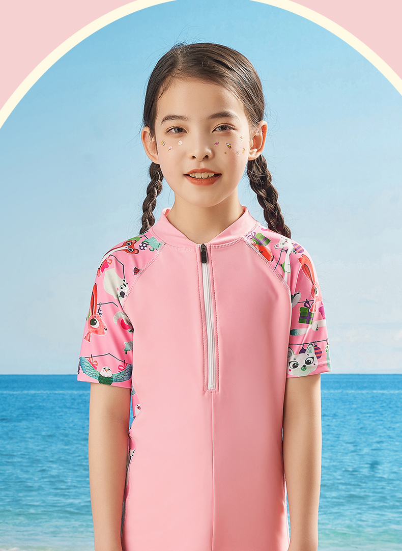 Li-Ning Children's Swimsuit, Girls' One-Piece Swimwear, Square-Leg Short-Sleeve Cartoon Swimming Training 720, Red Floral, Size 130 7