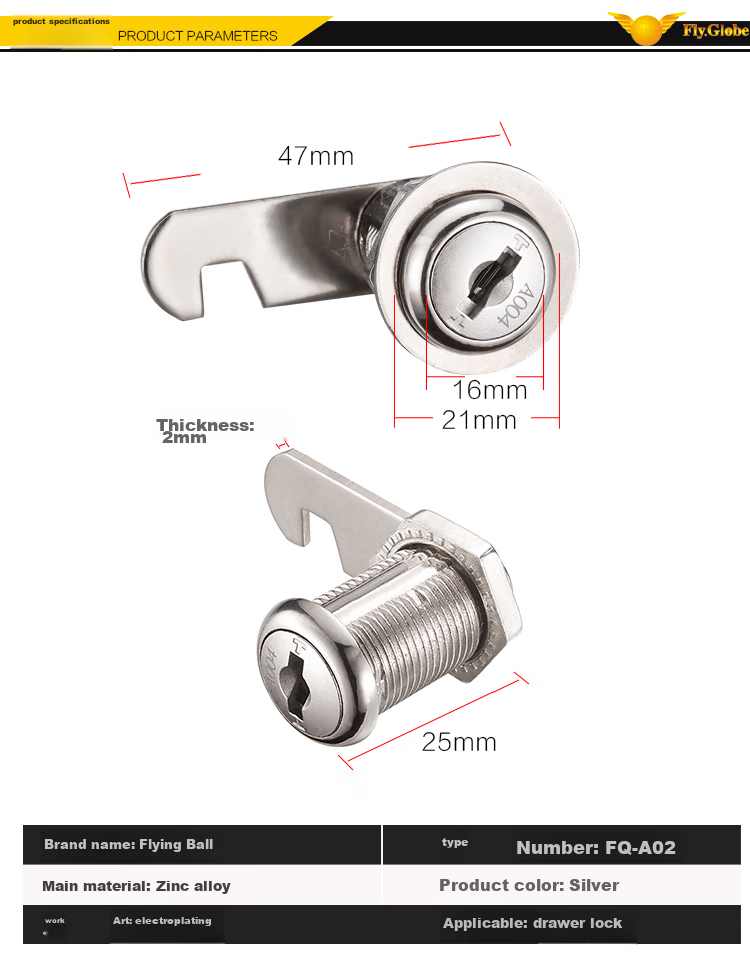Fly.Globe Office Desk Drawer Lock Furniture Lock Bedside Table Lock Anti-Theft Blade Lock Cylinder FQ-A04 7