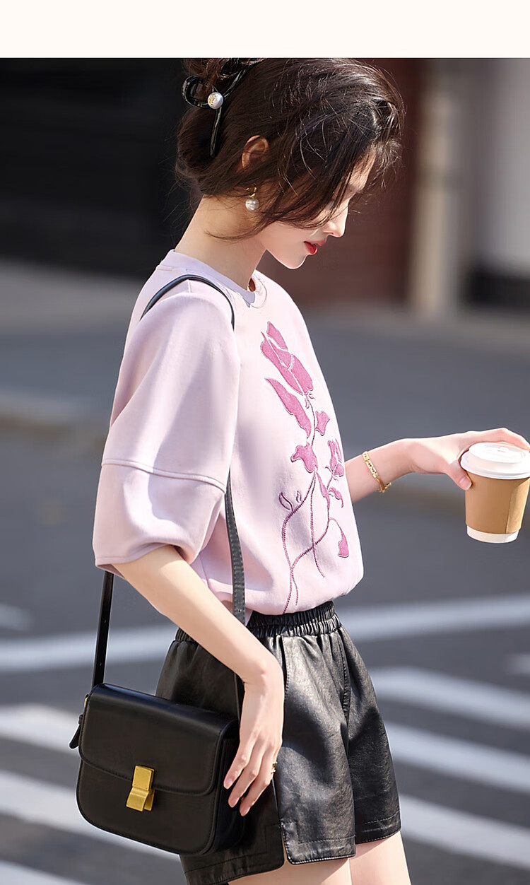 Dme Floral Embroidered Spring And Autumn Round Neck Air Layer Three-Quarter Sleeve Elastic Loose Sweatshirt Women's Top, Cyan Green, L 23