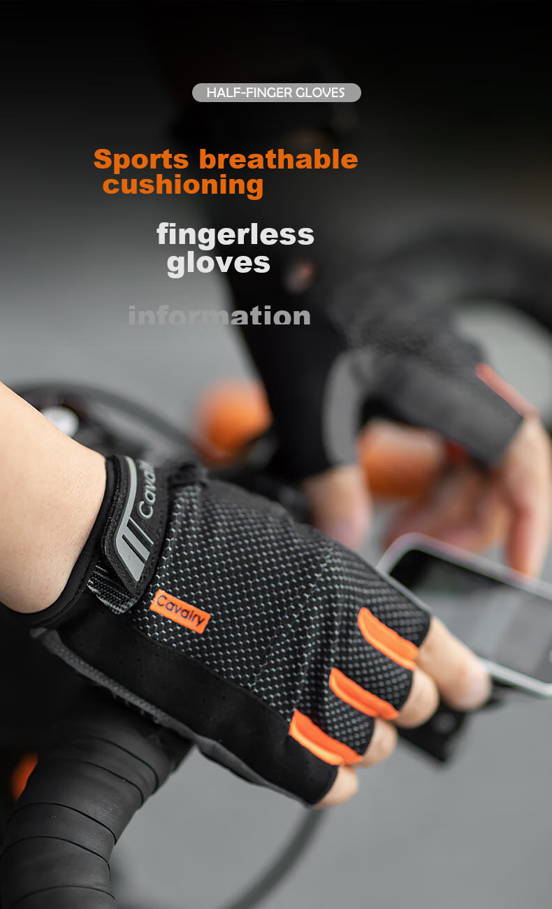 CAVALRY Bicycle Fingerless Gloves, Summer Unisex Road Bike Mountain Bike Cycling Gear, Shock-Absorbing Breathable Riding Equipment, Black Orange M 1