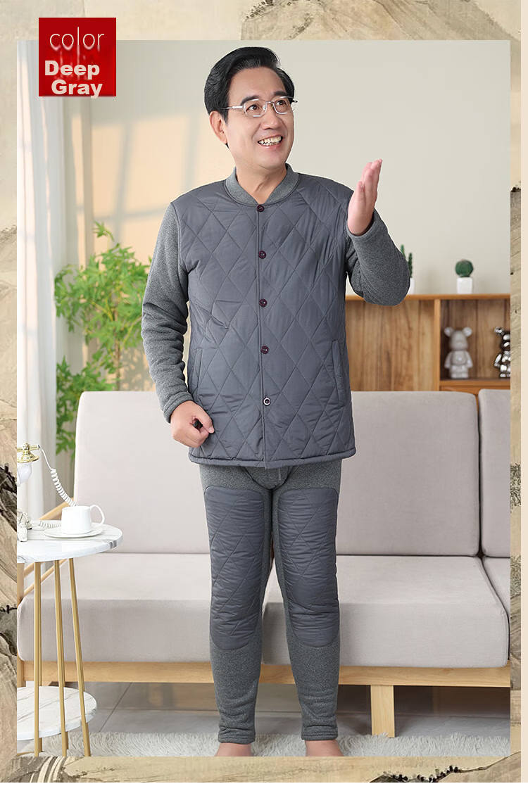 Nanjiren Middle-Aged And Elderly Thermal Underwear for Men, Winter Thickened Dad's Wear Cardigan Plus Size down Fleece Set, Dark Gray, 3XL 10