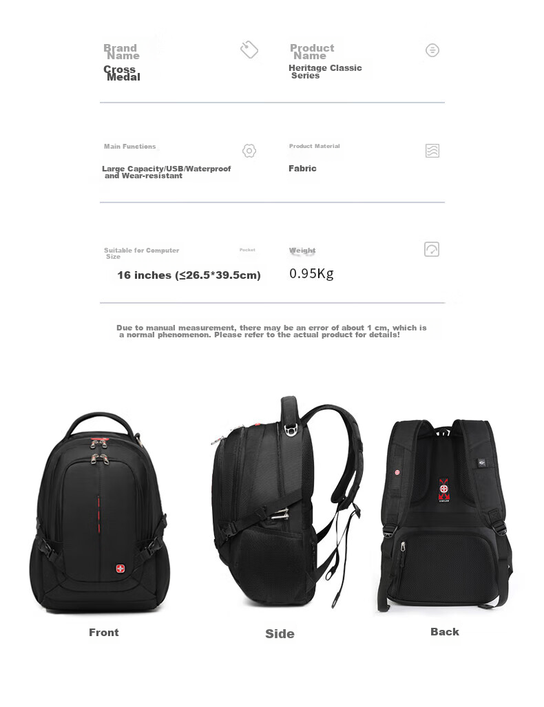 CROSSGEAR Swiss Army Knife Cross Medal Backpack for Men, 15.6-Inch Laptop Bag, Business Large Capacity Schoolbag 20