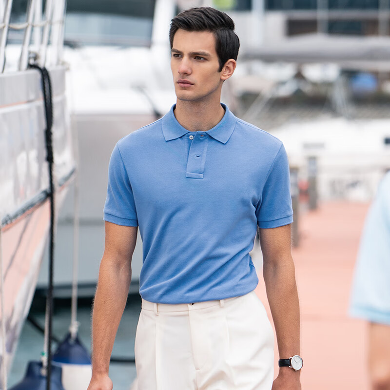 Mr.Bu Tong Dawei Celebrity-Inspired American Casual Polo Shirt for Men, Spring And Summer Pure Cotton Short Sleeve, Sky Blue, XXXL/190