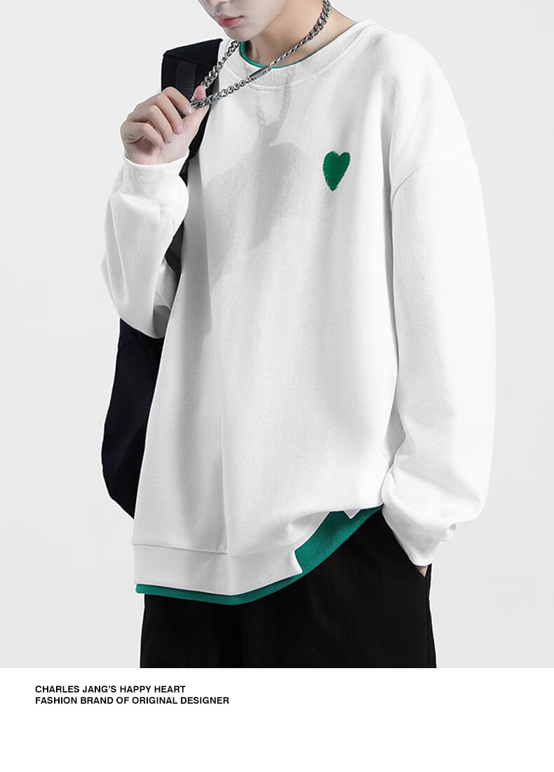 Chaersitaoxin Crew Neck Sweatshirt, Unisex Couple Matching Style, Long Sleeve, Solid Color, Simple Loose Fit, Faux Two-Piece Knit Top, Black, L 6