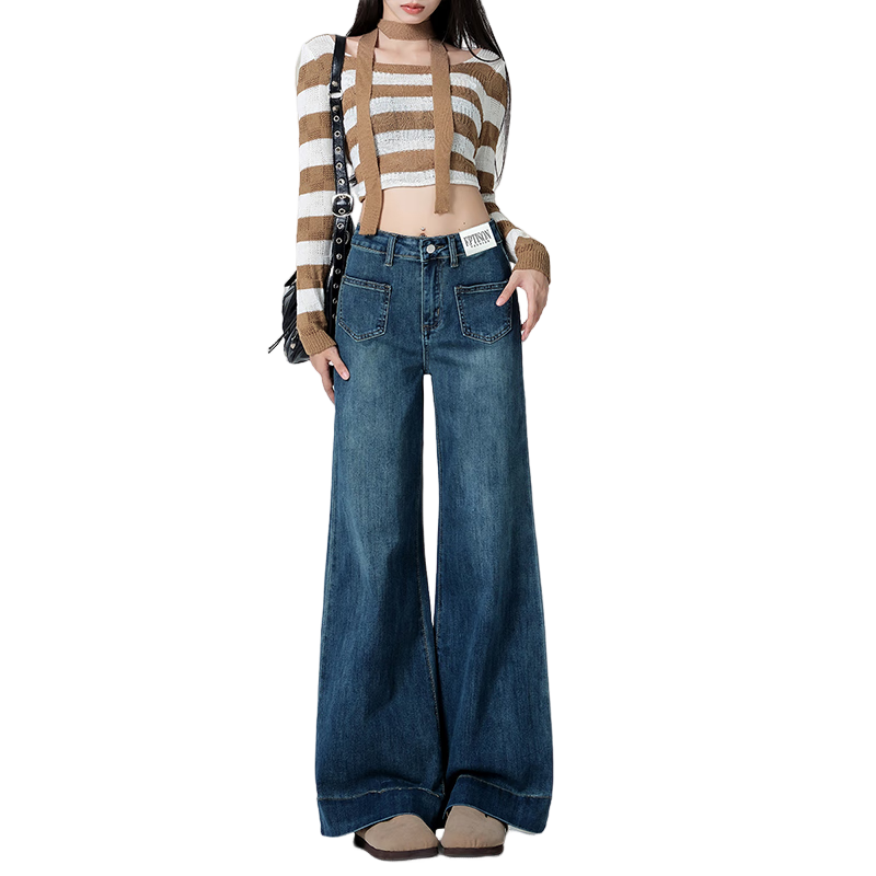 Yipintiancheng Retro Washed Denim Jeans for Women, Versatile Slimming Wide-Leg Pants for Fall 2025, Loose-Fitting Floor-Length Trousers