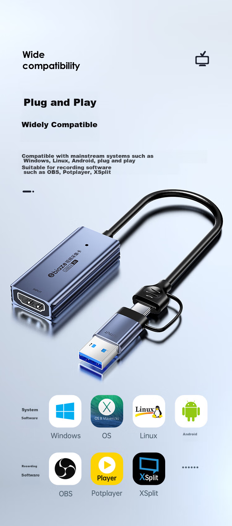 BIAZE HDMI Video Capture Card, 4K Input, Compatible with Switch/PS5, Laptops, Smartphones, Cameras, Douyin Live Streaming, USB3.0/Type-C Recording Box, 2K 11