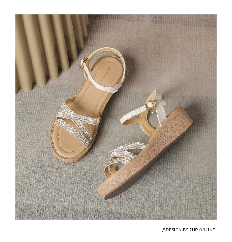 ZHR Women's Shoes, Summer Wedge Versatile Sandals, Fashionable Rhinestone Platform Slimming Beach Shoes for Women, AY161, Apricot Color, Size 35 15
