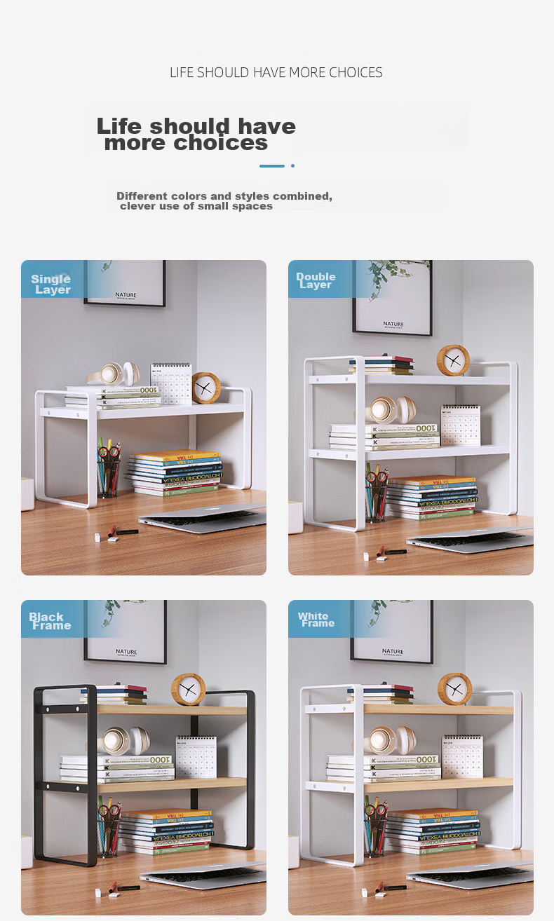 Anerya Desktop Bookshelf, Multi-Layer Iron Art Storage Rack for Books, Double-Layer Nordic Maple Wood - White Frame 40cm Long 12