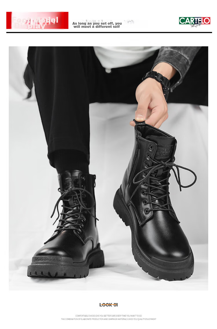 CARTELO Men's Martin Boots, Autumn And Winter 2026 Work Boots, Fashionable Versatile Thick-Soled Leather Boots, High-Top Men's Boots, Combat Boots 9