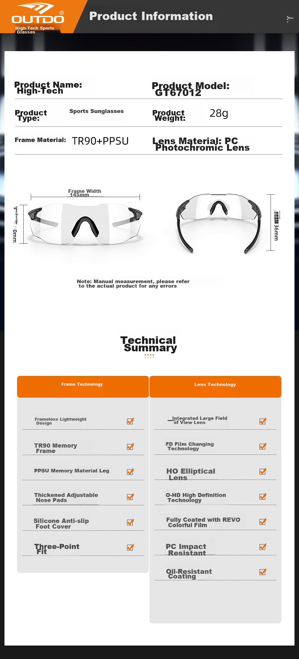 OUTDO Running Glasses, Specialized for Marathon And Hiking, Outdoor Sunglasses, Photochromic Sports Sunglasses, 67012C028 22