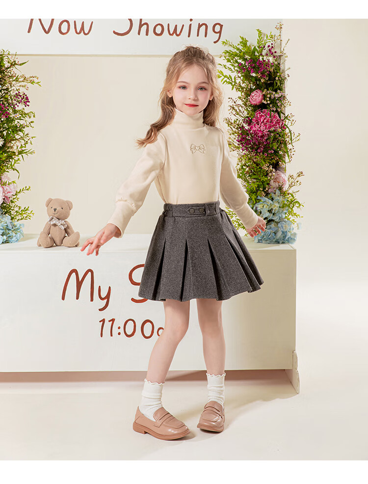 LUOBOBEIBEI Girls' Pleated Skirt, 2024 Autumn And Winter Korean Style Children's Preppy Style Girls' Woolen Midi Skirt, Floral Black, Size 110 9