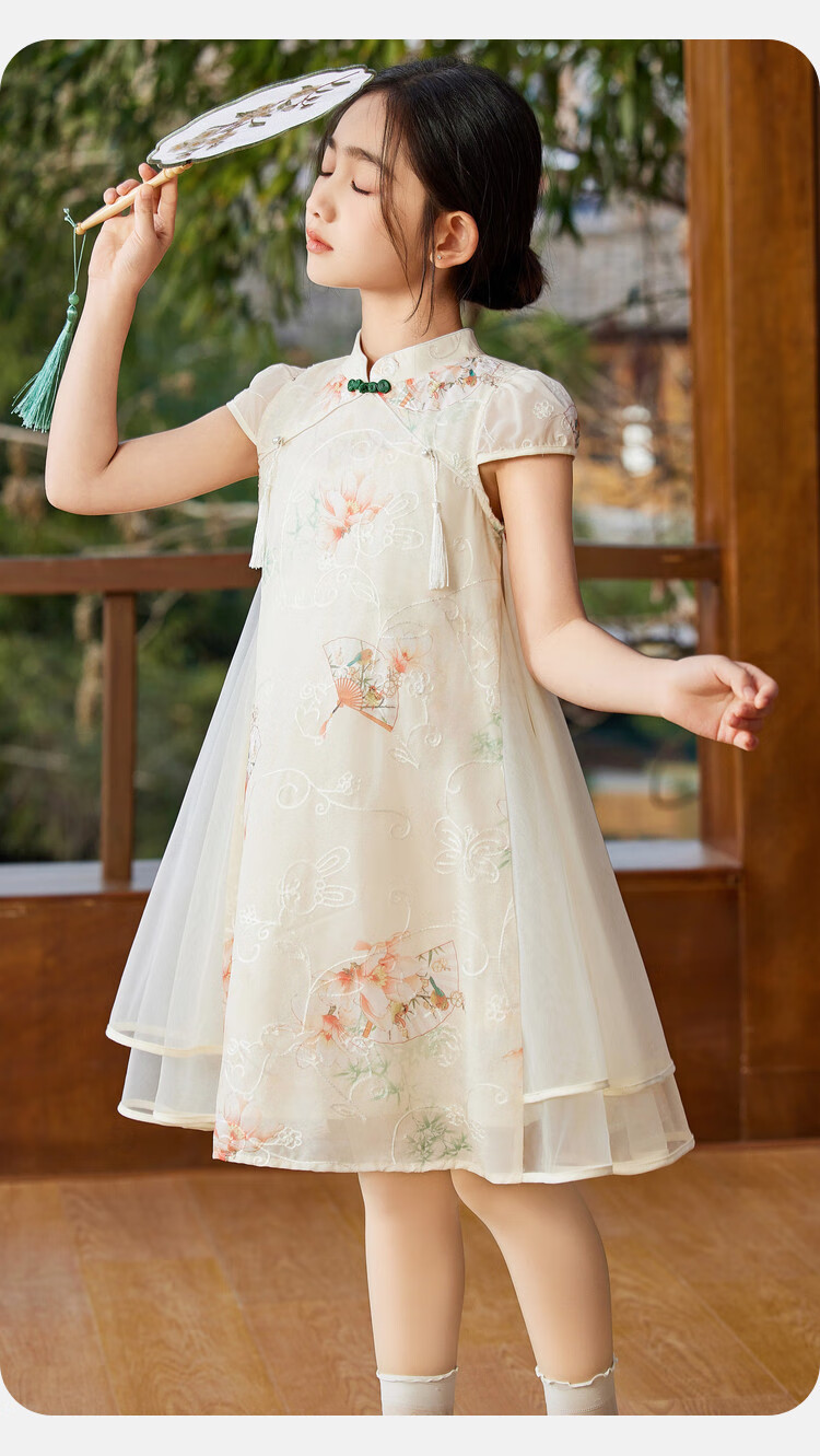 ASK JUNIOR Chinese-Style New Modern Girls' Dress, Summer Lightweight Mesh Dress, Embroidered Princess Skirt 2
