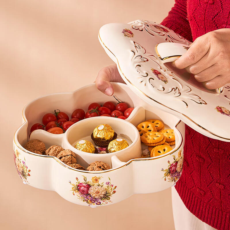 Youlaifu Candy Box Dry Fruit Tray with Lid Creative Home Living Room Ceramic New Year Snack Storage Tray for Sunflower Seeds and Nuts