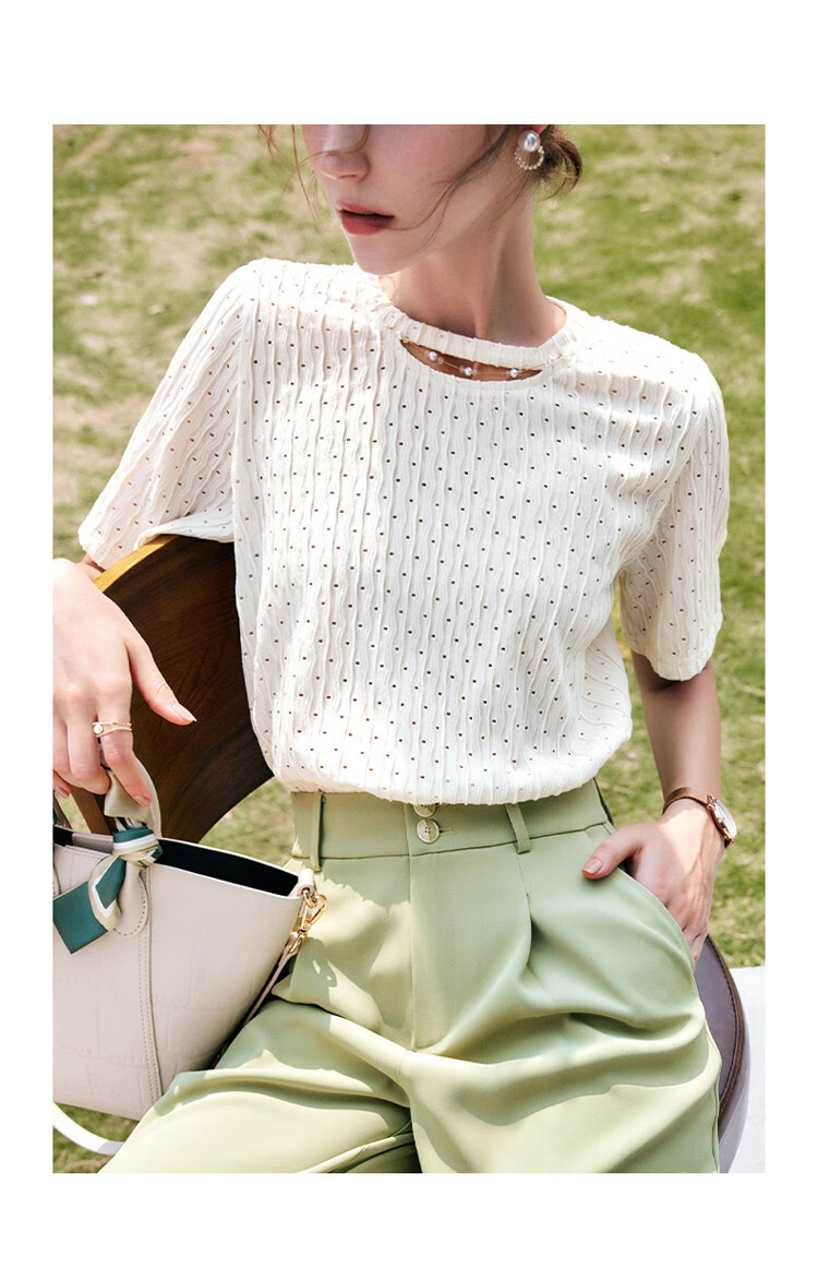 Olrain [Advanced Commuter Knit Top] Short-Sleeve T-Shirt, Summer Women's Wear, Distinct Textured Blouse, Apricot Color, Size M 18