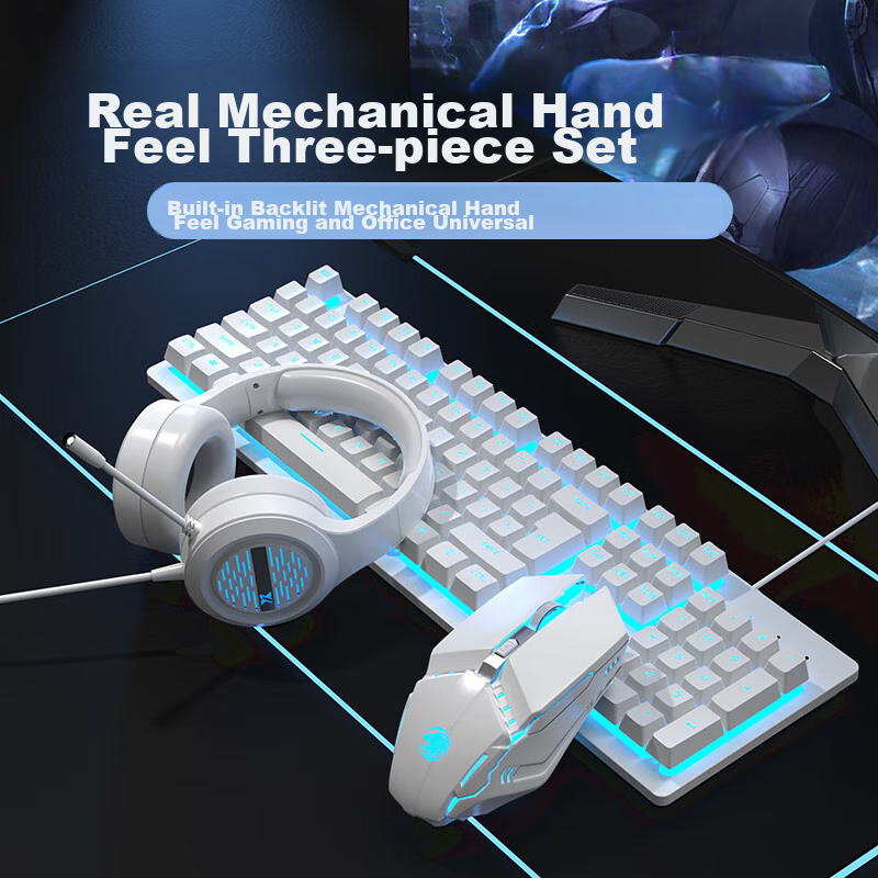 EWEADN GX300 Mechanical Feel Keyboard And Mouse Set, Gaming Wired 104-Key Computer Laptop Office Membrane Earphones Keyboard And Mouse Peripherals, White Ice Blue Light