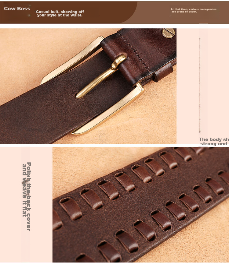 Cattlesboss Leather Belt for Men, Cowhide Waistband with Pin Buckle, Top-Grain Leather with Copper Buckle, Handwoven 1977, Dark Brown, 110cm 14