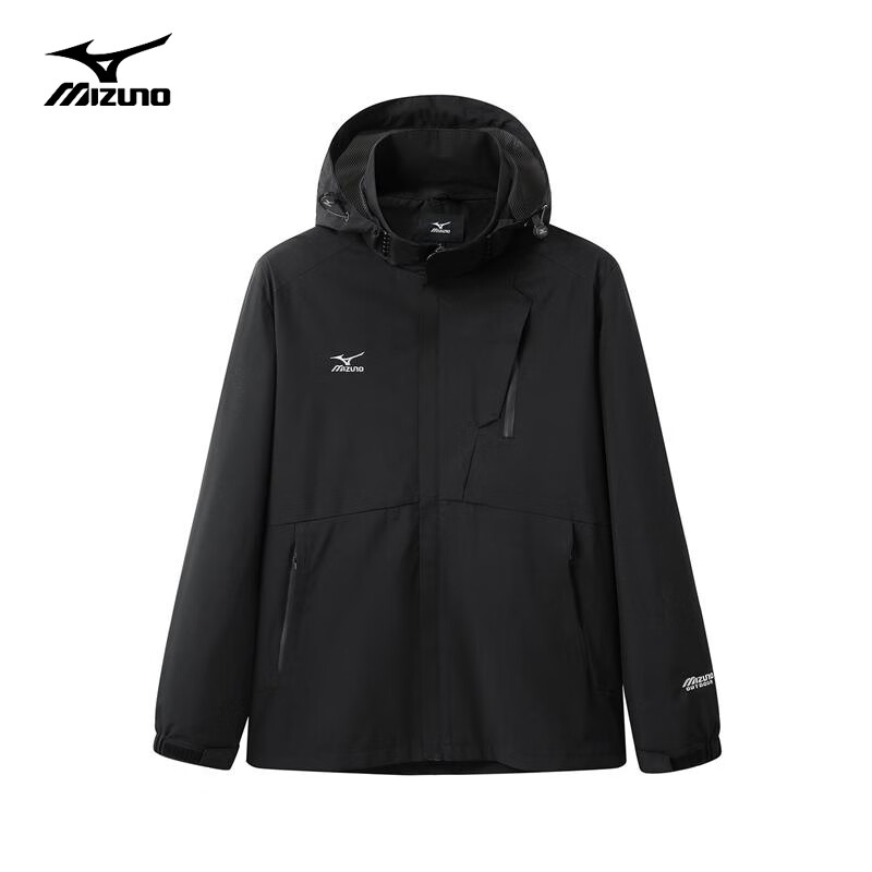 MIZUNO Outdoor Casual Jacket for Men, Windproof And Waterproof Hooded Woven Coat for Couples, Black, 2XL