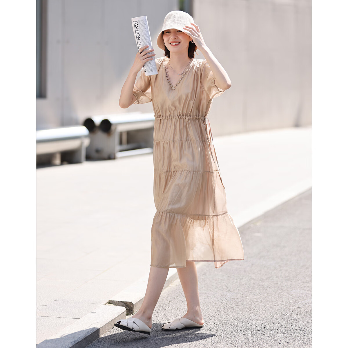Dme Tencel Flowy Dress with Drawstring Waist And V-Neck Short Sleeves for Women, Light Pink, Size S