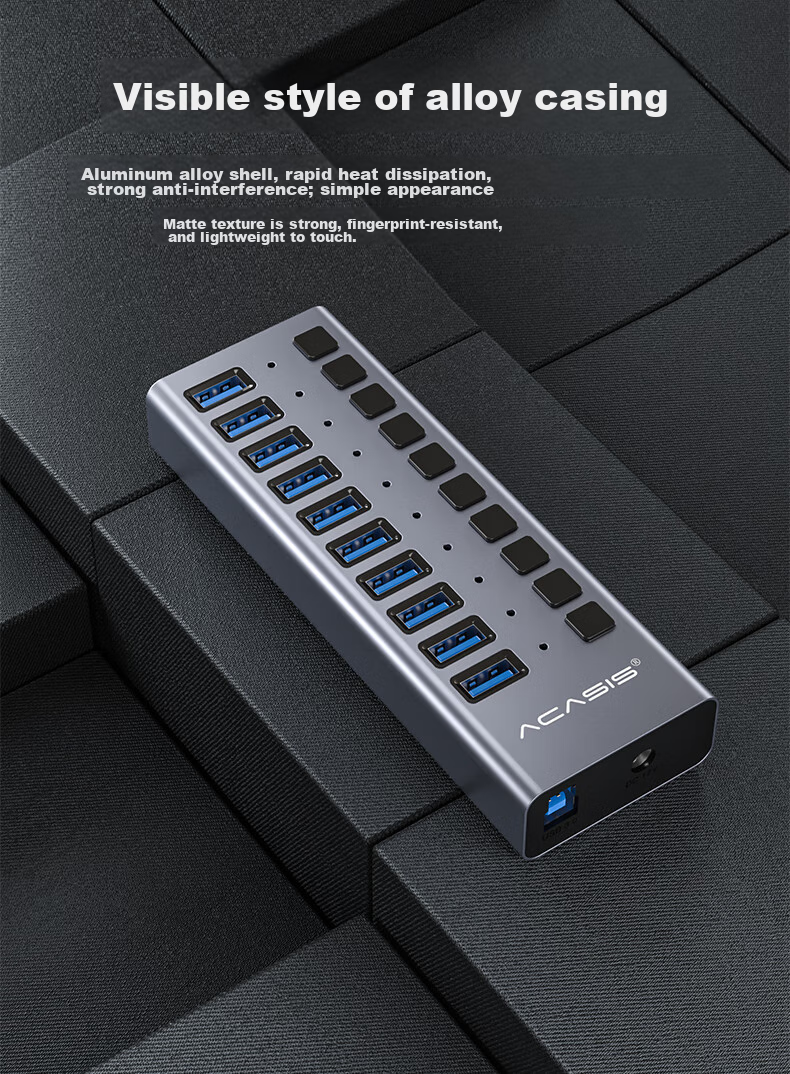 Acasis USB 3.0 Hub, One-To High-Speed Expansion HUB Duplicator Cable, Desktop And Laptop Multi-Port Adapter Expansion Dock HS-707MG 8