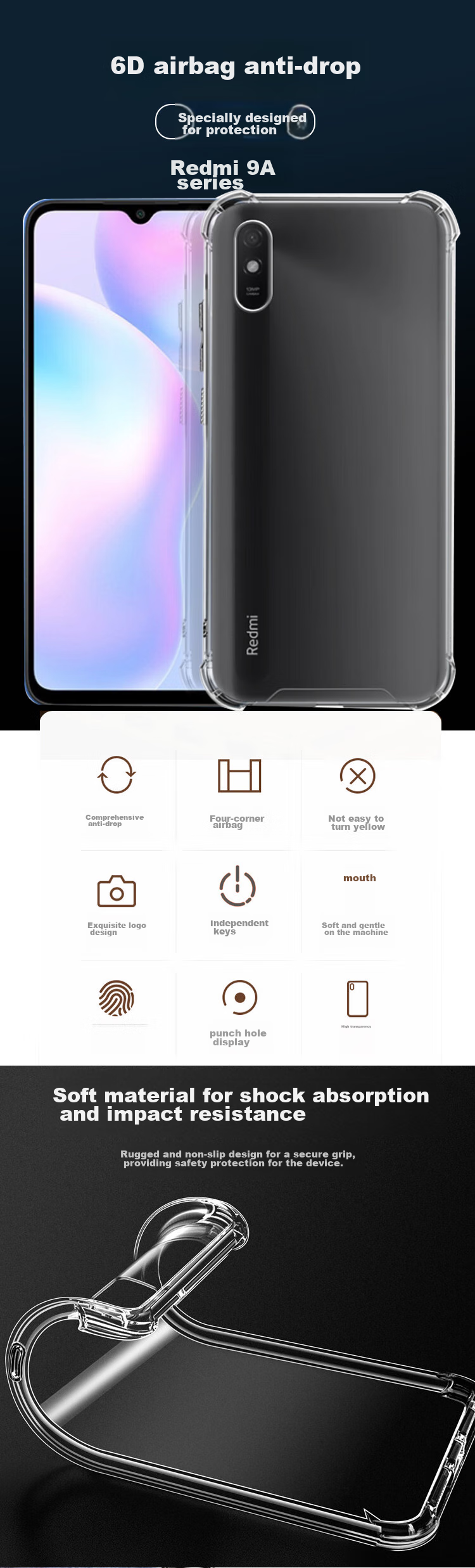 MAIKUQI Case for Xiaomi Redmi 9A, Protective Cover with Air Cushion Full Protection, Shockproof TPU Soft Shell, Fully Transparent 1