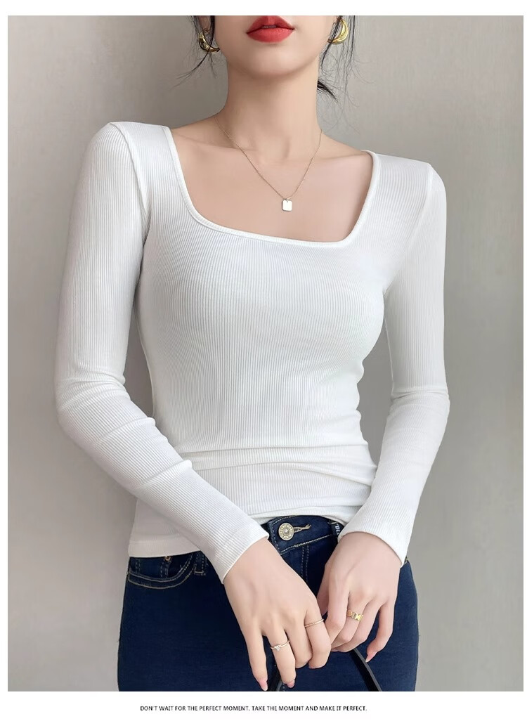 NOME Square Neck Ribbed Long Sleeve T-Shirt for Women, Autumn New Style Design Waist-Cinching Slimming Inner Layer Top, Black, M 11