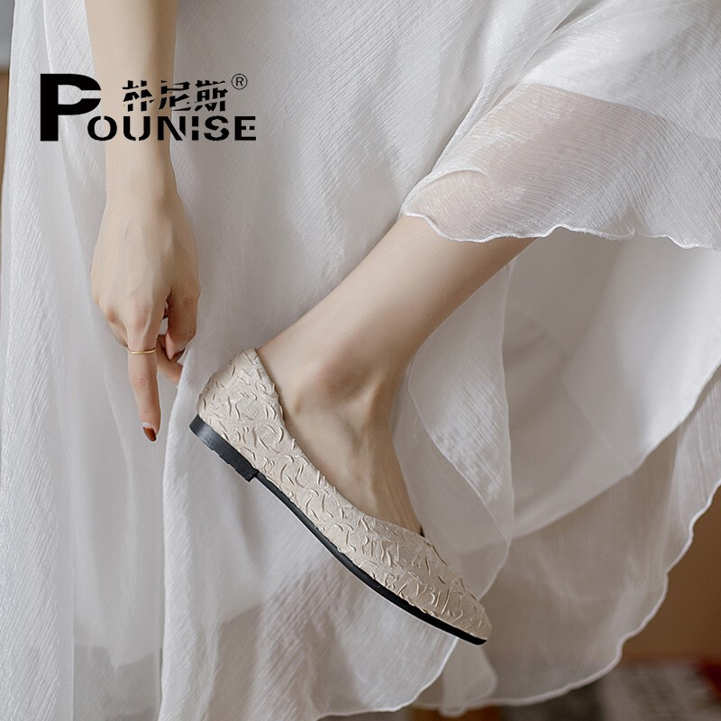Pounise Women's Single Shoes, Korean Style Versatile Elegant Shallow Mouth Large Size Boat Shoes Flat Soft Small Women's Shoes PQM-07 Apricot Color 33/215(1.5)