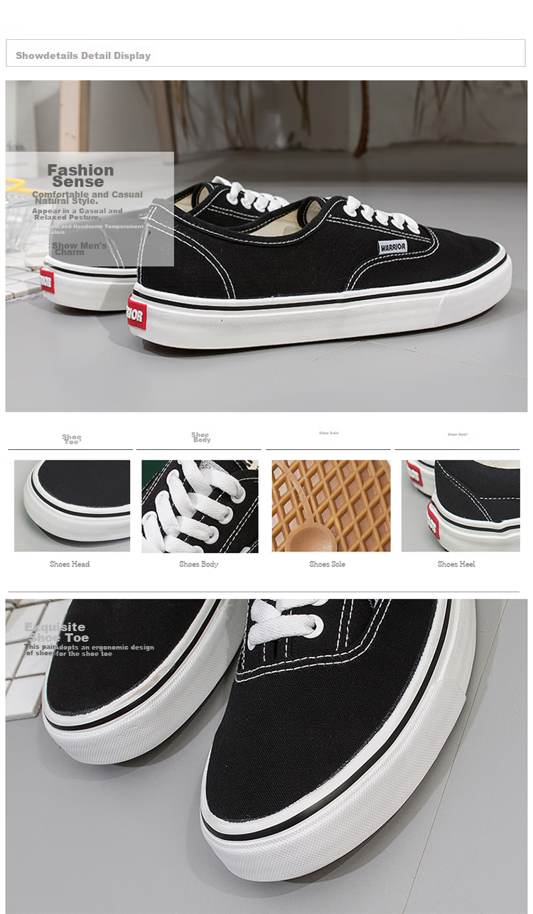 Warrior Women's Low-Top Canvas Shoes, Simple Versatile Casual Shoes, Couple Fashion Trendy Sneakers WXY-999 Black Size 36 3
