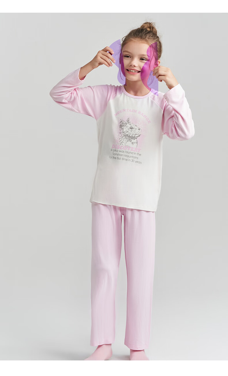 AIMER KIDS Girls' Spring And Autumn Pullover Long-Sleeve Color Block Loungewear Set, Pink And White, Size 110 10
