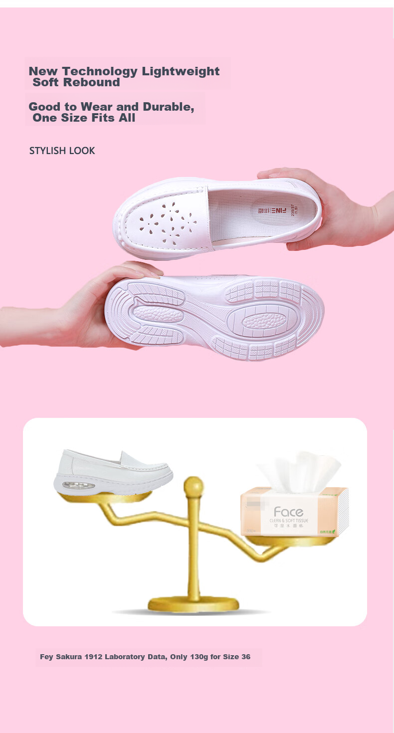 Feiying Nurse Shoes for Women, Genuine Leather, Breathable, Comfortable Soft Sole, Hollow Design, Easy on Feet, Medical Work Shoes, 2316 White, Size 34 7