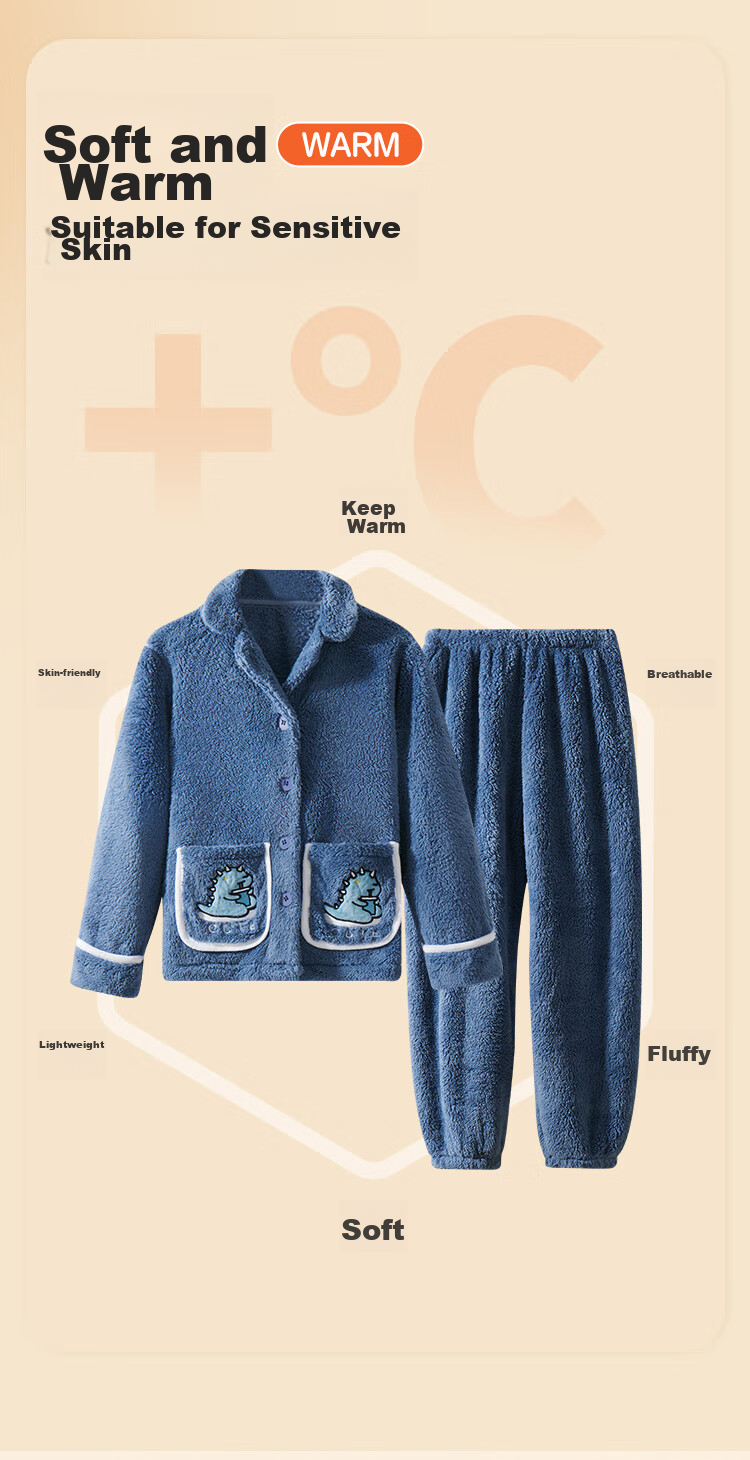 LangSha Children's Pajamas for Boys, Autumn And Winter Thickened Sleepwear for Older Children, Teenagers And Toddlers, Flannel Lapel Home Wear, Warm Set 5
